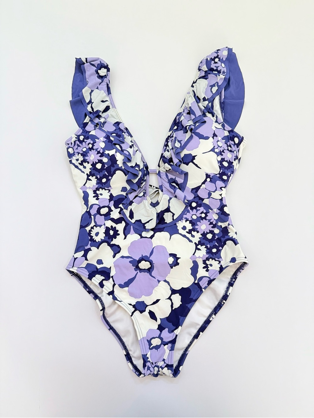 Michael Kors Purple and White Floral Ruffle One-Piece Swimsuit